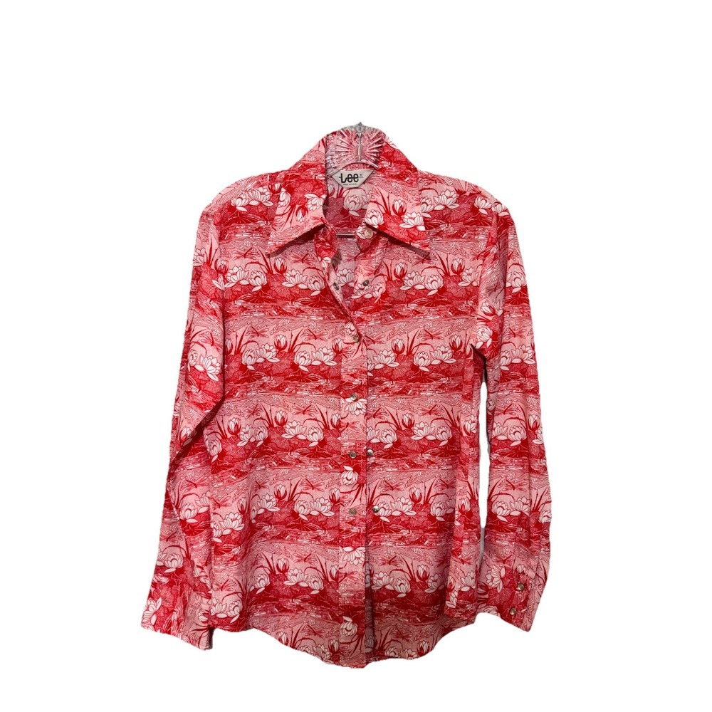 Vtg 60s/70s‎ Lee Pearl Snap Long Sleeve Water Lily Print Shirt Fits Womens S Red